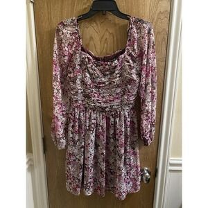 Crystal Doll Floral Print Mini Dress Empire Waist Flare Long Sleeve Junior Sz M